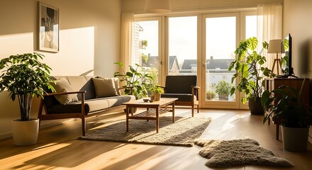 Fototapeta premium Sunlit Living Room Interior Design with Plants and Mid-Century Modern Furniture