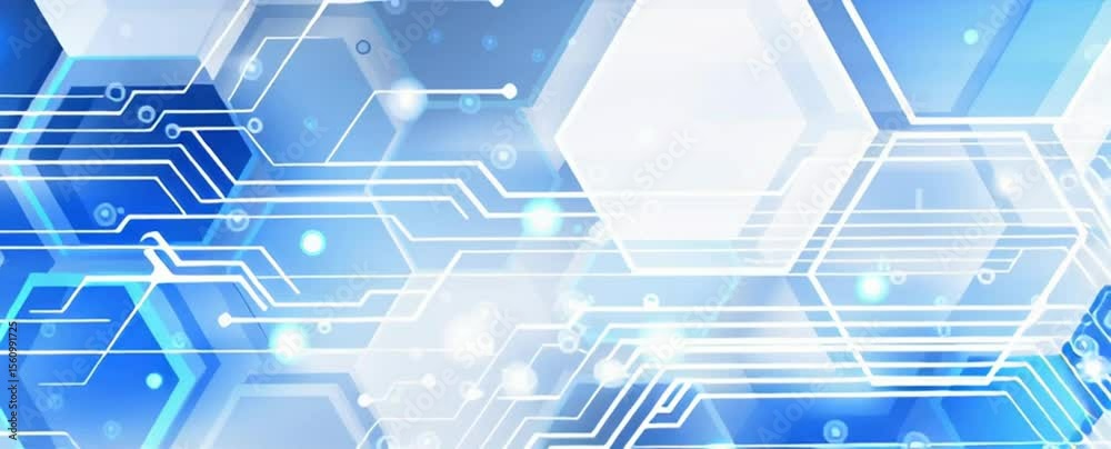 Poster abstract background with a hexagonal pattern and circuit board elements in blue and white color for 