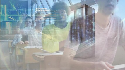 Translucent circuit overlay sweeping across classroom as rear student raising hand seeking insight - Powered by Adobe