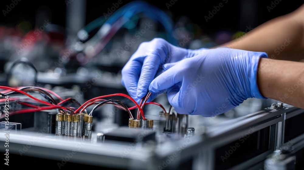Poster a person is working on a circuit board with a pair of blue gloves on