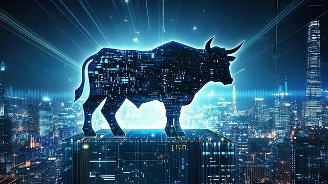 Holographic bull representing a bull market trend stands above a futuristic cityscape with digital data streams flowing, symbolizing the optimistic outlook and growth in the financial markets