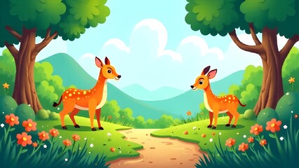 Obraz premium Two playful deer enjoy a sunny day in a vibrant forest clearing surrounded by wildflowers and rolling hills