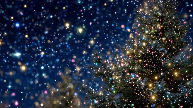 Closeup of a Christmas tree decorated with tiny galaxies and stars, representing a world where people celebrate Christmas by stargazing and making wishes on shooting stars.