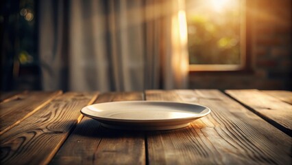 Fototapeta premium Empty plate on rustic wooden table, bathed in warm sunlight streaming through a window, creating a serene and inviting atmosphere.