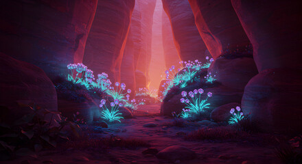 Crystal cave with large glowing formations lighting up an exotic subterranean environment in red and gold tones