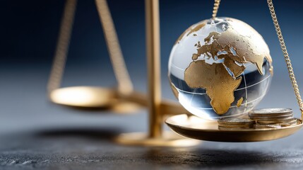 A globe sits on a scale with coins on the other side