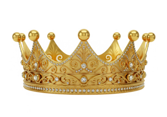 A majestic gold crown encrusted with diamonds sits isolated on transparent background