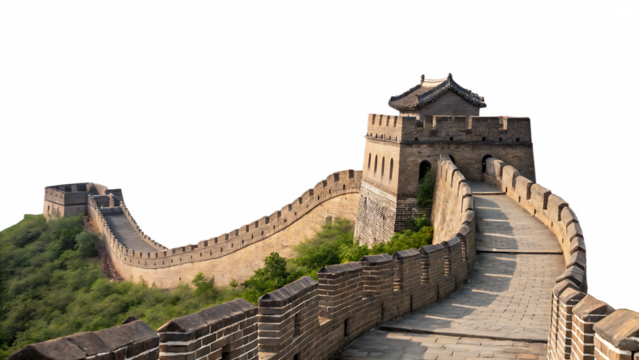 Ancient stone Great Wall of China winding over green hills with watchtower isolated on a transparent background
