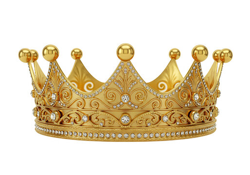A majestic gold crown encrusted with diamonds sits isolated on transparent background