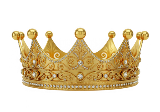 A majestic gold crown encrusted with diamonds sits isolated on transparent background
