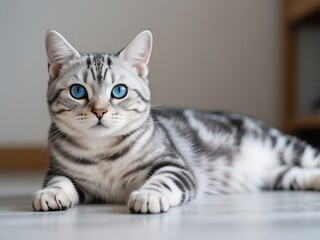 An American Shorthair cat with blue eyes is lying on the floor, looking at the camera.