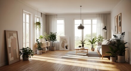 Fototapeta premium Sunlit Modern Living Room Interior Design with Plants and Abstract Art
