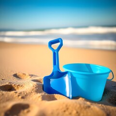 blue plastic shovel and bucket on the beach