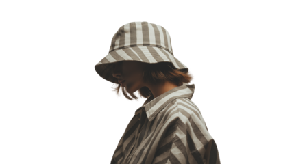 Stylish girl in bucket hat and striped shirt, loose fit, minimal background, turned away from viewer, PNG