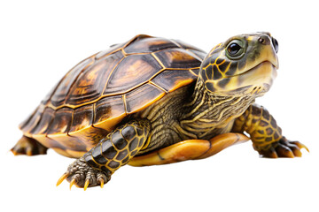 Obraz premium Close up of a small turtle with brown and yellow patterned shell and skin on a black background isolated on a transparent background