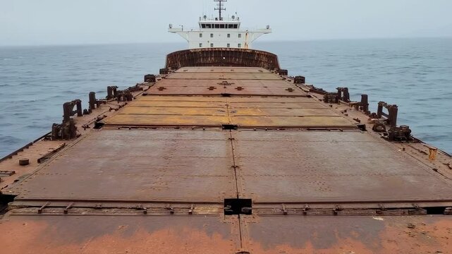 Rusty deck of a bulk carrier ship sailing on the open sea with visible horizon line