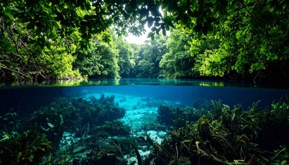 Crystal-Clear Cenote: Underwater Paradise in Lush Rainforest