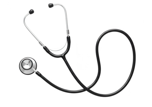A black and silver stethoscope, a medical instrument for healthcare, isolated on transparent background