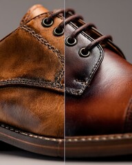 A pair of dull, faded leather shoes compared to the same pair after polishing.