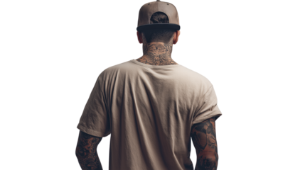 man with tattoos and cap, wearing oversized t-shirt, standing back to viewer, PNG
