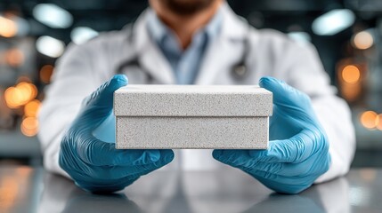 Stethoscope-Wearing Professional Holding Textured Beige Box in Warm Light, Sterile Attire Assurance