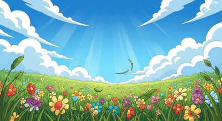 Obraz premium Vibrant Pixel Art Meadow Bathed in Bright Sunlight with Fluffy Clouds Above