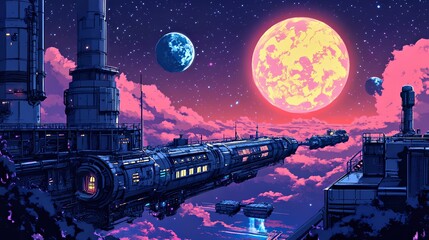 Obraz premium Futuristic spaceship gliding through vibrant cosmic scenery at twilight.