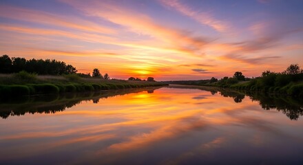 Obraz premium Orange light reflects off the calm water as the sun dips below the horizon, painting the summer sky over the lake and river landscape