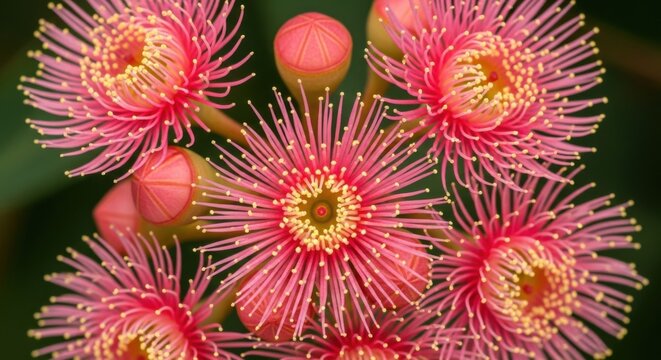 Close up of pink eucalyptus flowers with delicate stamens and yellow centers surrounded by unopened buds
