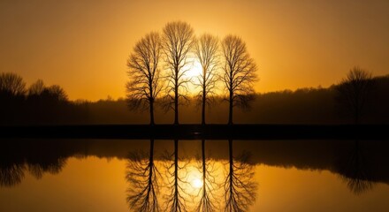 Fototapeta premium Golden Hour Silhouettes of Trees Reflected in Calm Water