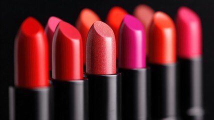 Obraz premium Vibrant collection of lipsticks in various shades lined up against a dark background.