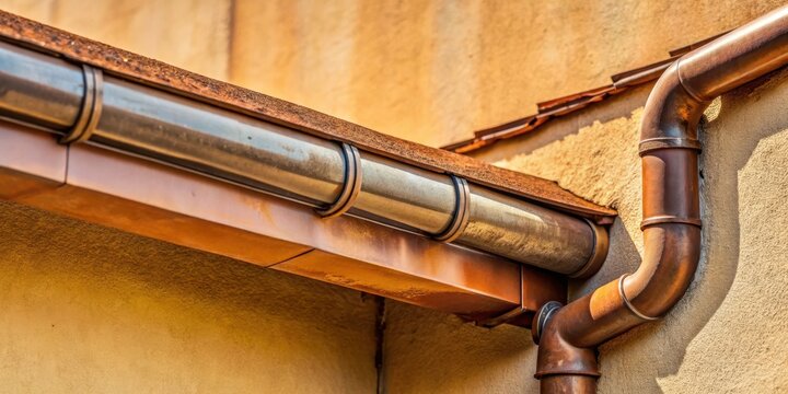 Close-up view of aged copper and metallic gutter system on a building exterior