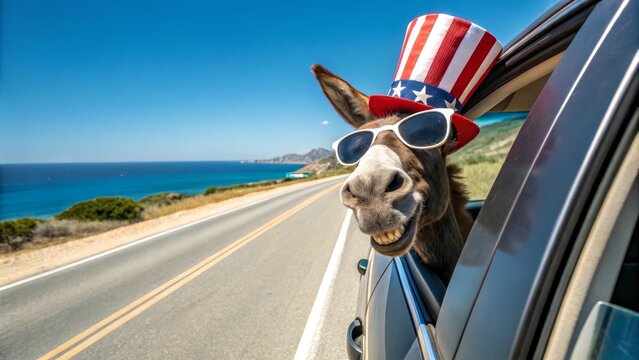 Funny donkey wearing a patriotic Uncle Sam hat and sunglasses, smiling on a coastal road trip out of the car window.
 - Powered by Adobe