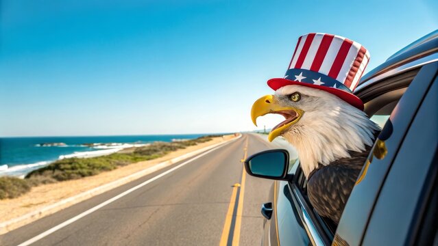 Patriotic bald eagle wearing an Uncle Sam hat on a coastal road trip, looking out the car window.
