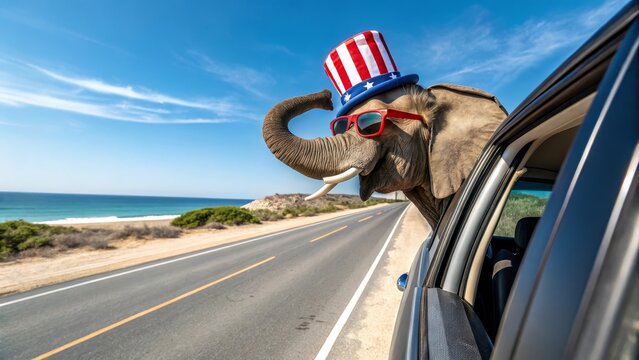Funny elephant wearing a patriotic Uncle Sam hat and sunglasses on a coastal road trip, sticking its head and trunk out of the car window.
