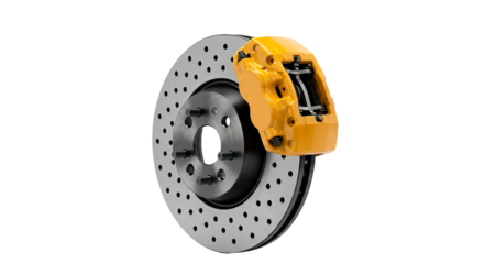 A vibrant yellow brake caliper and rotor assembly isolated on a black background.
