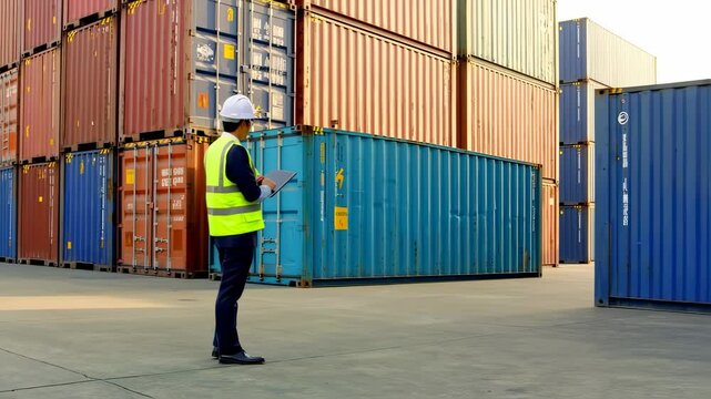 Logistics Professional Inspecting Intermodal Shipping Containers at Container Yard