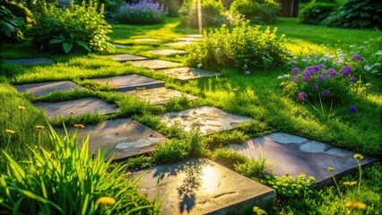 Sunlit Garden Path A Serene Stroll Through Lush Greenery and Stone Stepping Stones