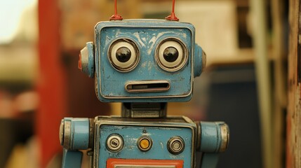 Rusty blue robot face close-up