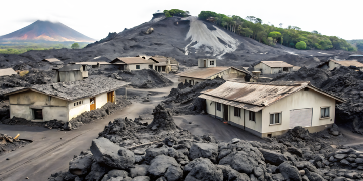 Abandoned village houses covered in dark volcanic ash with a distant erupting volcano isolated on a transparent background