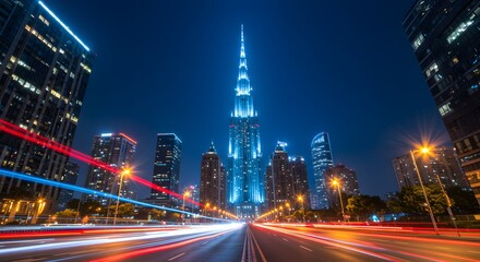Fototapeta premium Modern city skyline at night with glowing skyscrapers and light trails from traffic