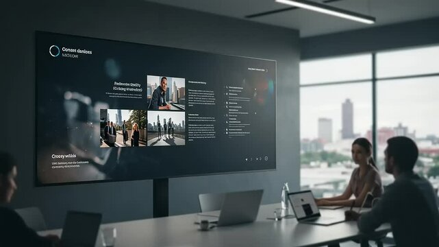 Large screen display in a conference room showing presentation slides.