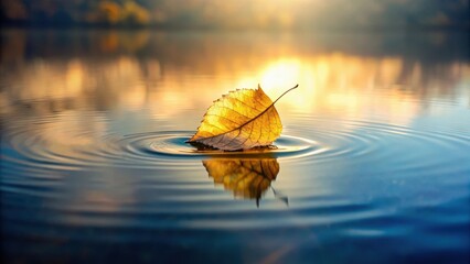 Golden Autumn Leaf Gently Floating on Serene Water, Illuminated by the Warm Glow of a Sunset, Creating Concentric Ripples