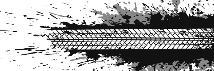 Tire tread marks, wheel textures, tire marks - car racing, motocross, drift, rally, off-road and others. Vector black isolated texture in grunge style with splashes.eps10