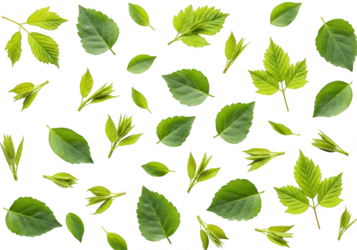 A collection of fresh green leaves and buds, arranged in a repeating pattern, creates a vibrant and organic texture, isolated on transparent background - Powered by Adobe