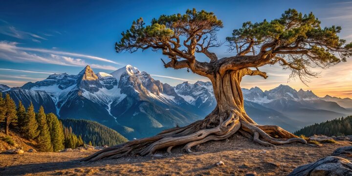 Ancient tree with exposed roots overlooking majestic snow-capped mountain range at sunset