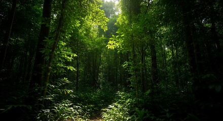 Naklejka premium Lush Rainforest Canopy Sunlight Filtering Through Dense Foliage
