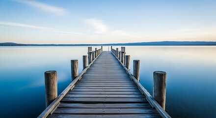 Obraz premium Serene Wooden Dock Extending into a Calm Lake at Dawn
