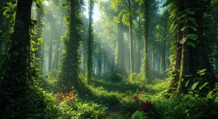 Obraz premium Enchanted Forest Canopy Sunlight Filtering Through Lush Green Trees and Vibrant Undergrowth