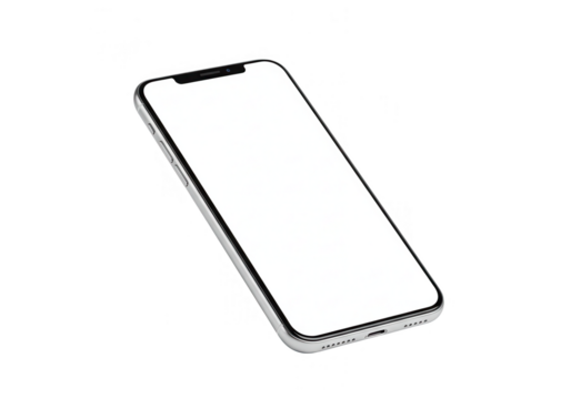 A silver smartphone with a blank white screen isolated on transparent background